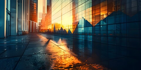 Skyscraper Shadow Reflecting Upward Trend on Glass Building Facade at Sunset