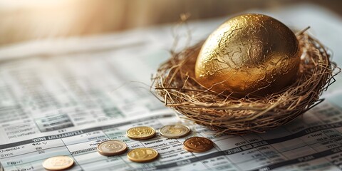 A golden egg nestled in a nest atop a financial report symbolizing nurturing investments and the potential for growth and prosperity - Powered by Adobe