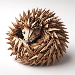  An origami hedgehog crafted from brown paper, curled up in a defensive posture on a white background. - obrazy, fototapety, plakaty