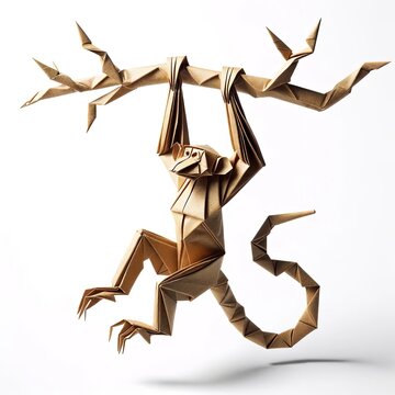 n origami monkey crafted from brown paper, hanging from an imagined branch with one hand, against a white background.