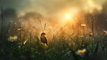 On the grassy field in the early morning, a little bird rests among the dewy grass.