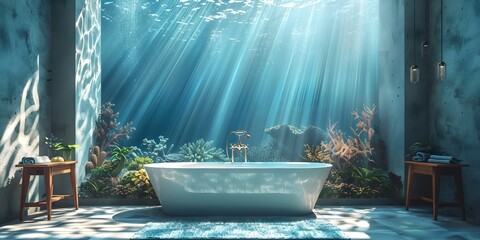 Underwater Oasis A Tranquil Bathtub Escape with an Oceanic Mural