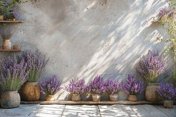 Lavender flowers in pots against rustic wall - obrazy, fototapety, plakaty
