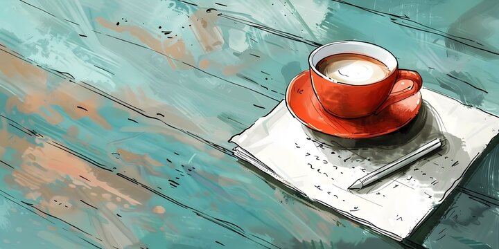 Handwritten note on a napkin in a cafe setting with a hot cup of coffee creating a cozy and workspace