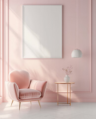 A large white blank poster frame is hanging on the wall of an empty room with light pink walls and white floor. 