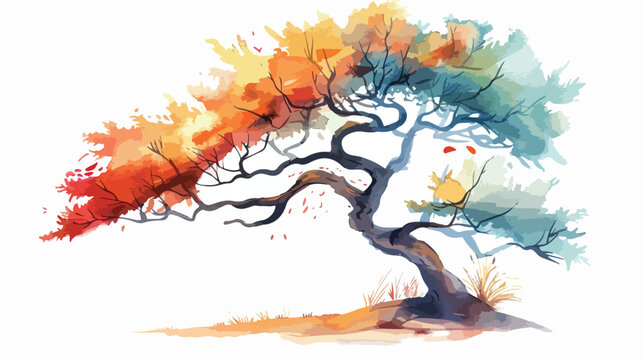Watercolor Magical Tree Flat vector isolated on white