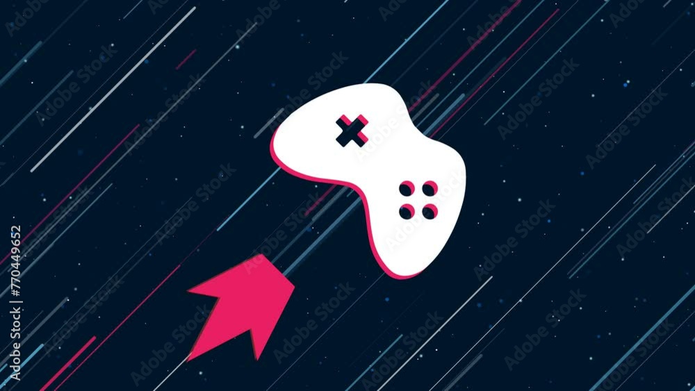 Poster joystick symbol flies through the universe on a jet propulsion. the symbol in the center is shaking 