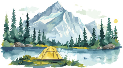 Watercolor Mountain River Camping Flat vector isolated