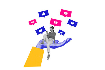 Creative picture collage young sitting girl human hand body fragment likes notification thumb up social network media blogger