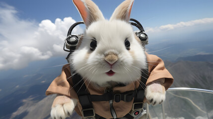 A rabbit jumped from a parachute, filmed on a go pro camera - obrazy, fototapety, plakaty
