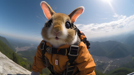 A rabbit jumped from a parachute, filmed on a go pro camera - obrazy, fototapety, plakaty