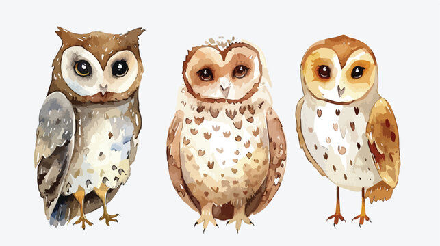 Watercolor owls clip art Flat vector isolated on white