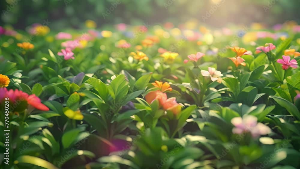 Poster the bright pops of color from blooming flowers peek out from between rows of leafy greens adding a t