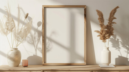 A mockup of an empty blank wooden frame on the wall above modern dresser, a vase with pampas grass next to it, soft neutral colors, minimalist interior design style, natural light