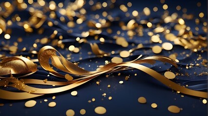 Elegant swirling gold backdrop in an abstract style with gold particles. December Bokeh of golden light particles on a navy blue background. Texture of gold foil. Weekend - obrazy, fototapety, plakaty