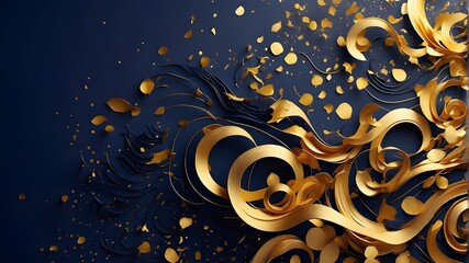 Elegant swirling gold backdrop in an abstract style with gold particles. December Bokeh of golden light particles on a navy blue background. Texture of gold foil. Weekend