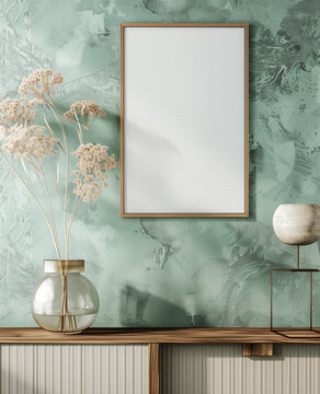 A mockup of an empty, blank poster frame on the wall above a wooden sideboard in front of a green textured wallpaper wall.