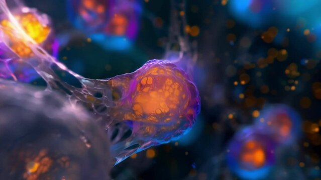 An immunofluorescence image showcasing the unique distribution of lysosomes within a cell with some ed near the cell membrane and . AI generation.