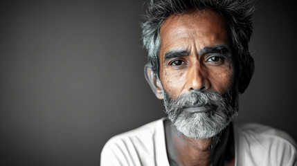 A Indian man with a beard and gray hair is standing in front of a wall. He has a serious expression on his face. An urban Indian male patient , middle aged, thin body, decent modern looking
