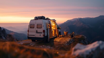 Solitary camper van parked on a serene mountain peak at twilight.