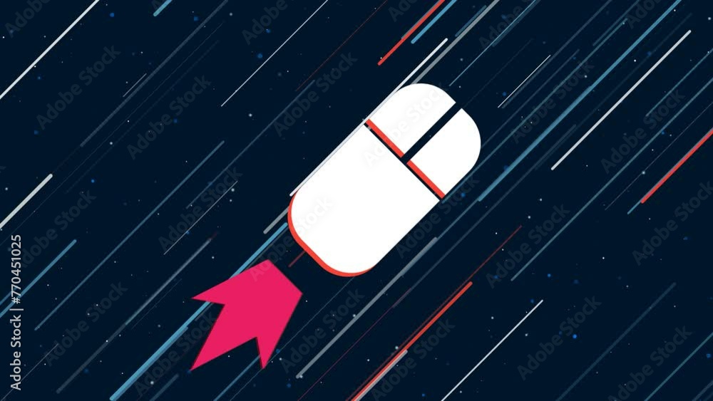 Poster computer mouse symbol flies through the universe on a jet propulsion. the symbol in the center is sh