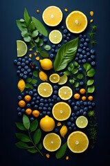 Blueberry and citrus fruits on dark blue background. Overhead steel life image.