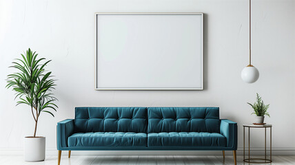 Minimalist interior design of a modern living room with a blue sofa and empty frame on a white wall mockup - obrazy, fototapety, plakaty