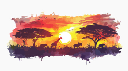 Watercolor Safari Sunset Flat vector isolated on white - obrazy, fototapety, plakaty