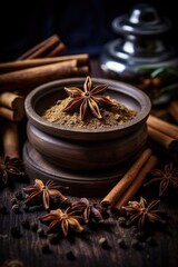 Garam masala herbs and spices close up view.
