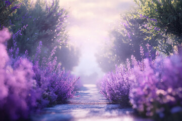 Misty lavender fields with sunlight streaming