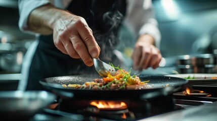 Professional chef meticulously plating a gourmet dish with precision and care. - obrazy, fototapety, plakaty