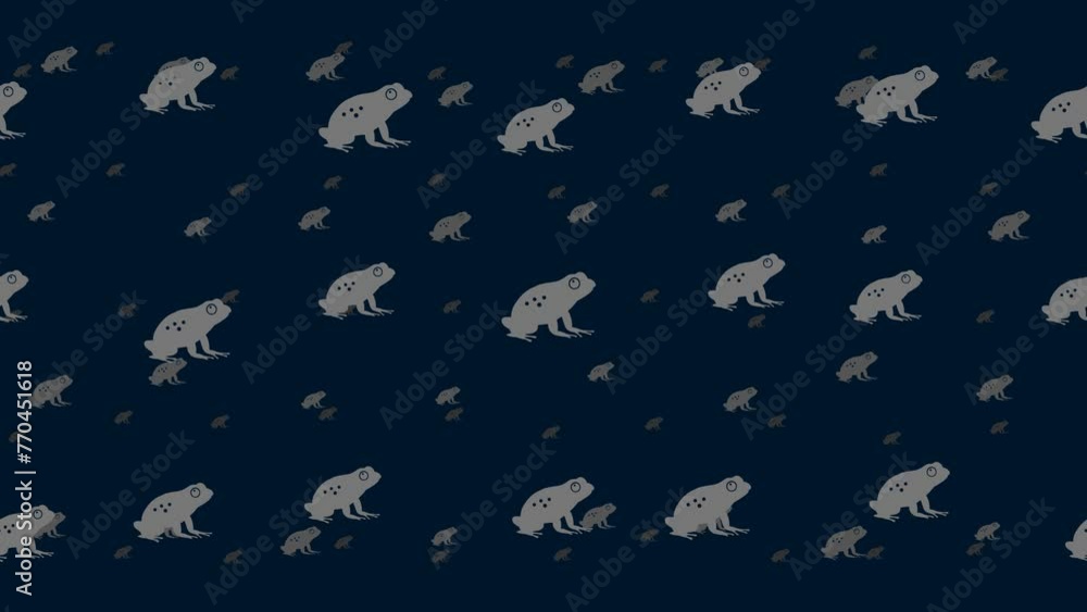 Poster frog symbols float horizontally from left to right. parallax fly effect. floating symbols are locate