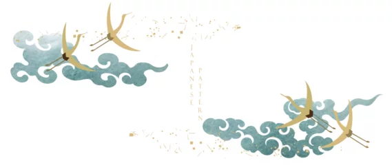 Foto op Plexiglas Japanese background with crane birds or herons element vector. Hand drawn wave chinese cloud decorations in vintage style. Watercolor painting with art abstract banner design. © Marukopum