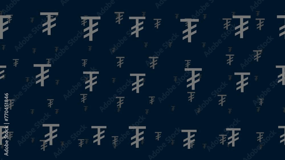 Poster tugrik symbols float horizontally from left to right. parallax fly effect. floating symbols are loca