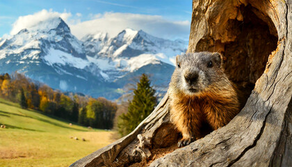 Close-up of a woodchuck or groundhog peeking out of a hole in the trunk of a large chestnut tree, in the background a beautiful mountain landscape with snow-capped peaks. Generative Ai. - obrazy, fototapety, plakaty