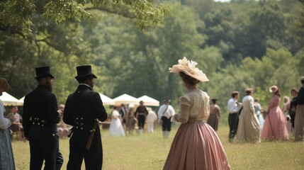 Group in Victorian-era attire participating in a historical reenactment outdoors. - obrazy, fototapety, plakaty