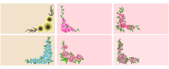 Pixel art flower ornament corner, decoration, background for wedding,card invitation