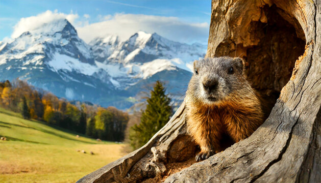 Close-up of a woodchuck or groundhog peeking out of a hole in the trunk of a large chestnut tree, in the background a beautiful mountain landscape with snow-capped peaks. Generative Ai.