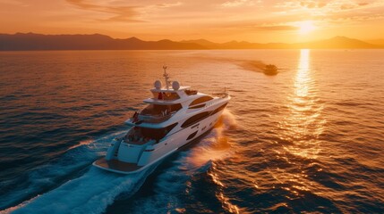 A luxury yacht sails the calm seas as the sun dips below the horizon, reflecting on the water.