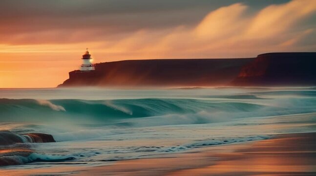 animation, motion effect, beach with a lighthouse in sea  60 fps 8 sec,