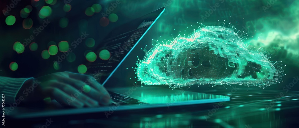 Aufkleber hand holding laptop with abstract connection cloud computing data transfer