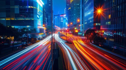 Obraz premium The night city comes alive with vibrant light trails, capturing the dynamic urban motion.