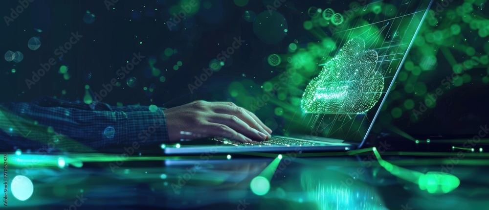Poster hand typing on laptop with abstract connection cloud computing data transfer