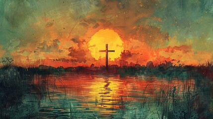 An Easter vigil candle wrapper featuring the cross against the sunrise - obrazy, fototapety, plakaty