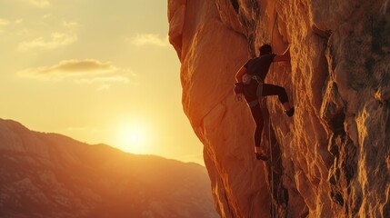 Climber ascending a steep rock face with the warm glow of the sunset in the background.