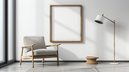 A vertical blank wooden frame hanging on the wall of an empty room with a modern armchair and lamp, on a white background, with soft studio lighting, with high resolution photography