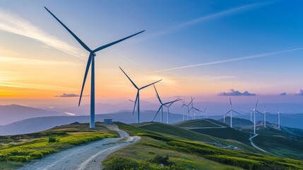Wind turbines standing tall on a mountain range with a breathtaking sunset in the background. - Powered by Adobe