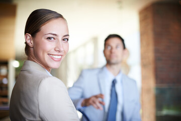 Business woman, portrait and meeting in office for idea, project and professional for collaboration in workplace. Face, happy person and confident for feedback on project and hr consultant in company