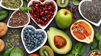 Nutrition and Diet: Foods and diets that are heart-healthy, showcasing fruits, vegetables, and other beneficial items.