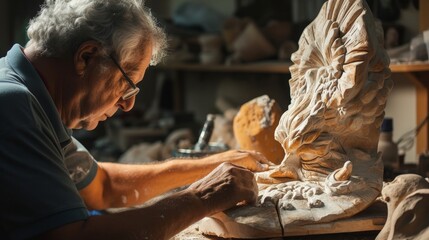 Skilled artisan intently carving details into a wooden sculpture in a well-lit workshop.